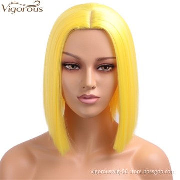 Vigorous Short Bob Hair Wigs Yellow Colored Wig Middle Part Heat Resistant Fashion Synthetic Wig for Women